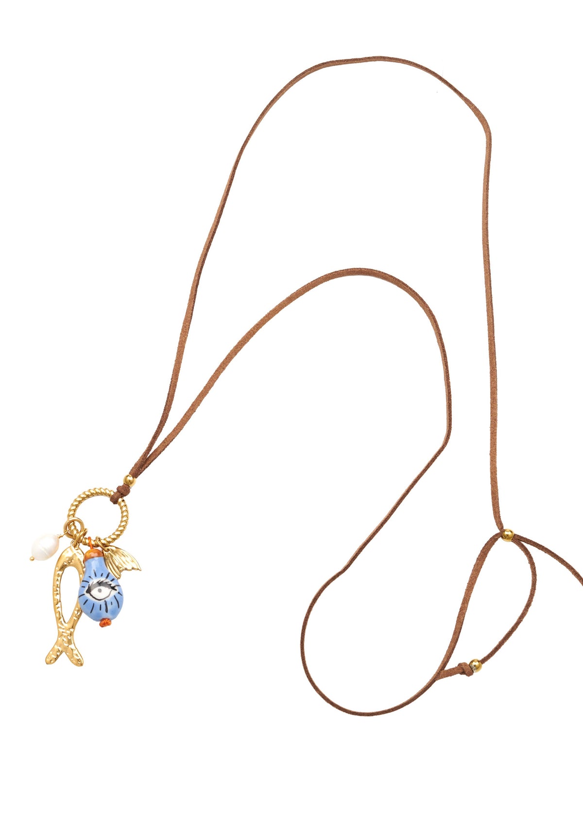 Lang suède koordketting met vis- en oogbedeltje