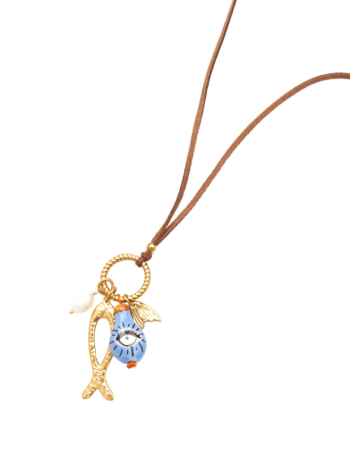 Lang suède koordketting met vis- en oogbedeltje
